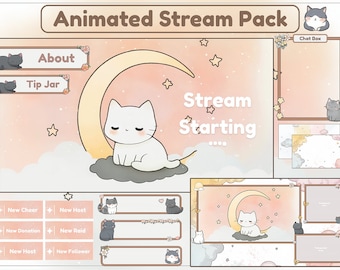 Superposición animada y acogedora para transmisiones / gato acogedor / panel de Twitch / pantallas de Twitch / estética / lindo / gato / acogedor / Nube / superposición de Twitch / luna