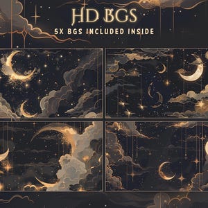 May include: A digital art piece featuring four celestial backgrounds. Each background showcases a dark night sky with golden moons, stars, and clouds. The text "HD BGS" and "5X BGS INCLUDED INSIDE" are displayed at the top.