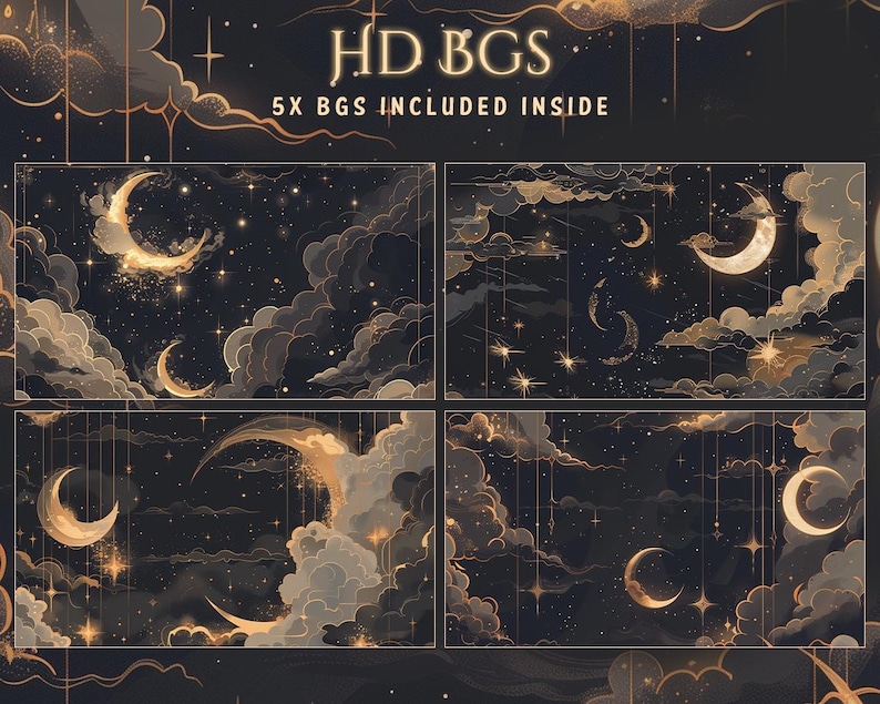 May include: A digital art piece featuring four celestial backgrounds. Each background showcases a dark night sky with golden moons, stars, and clouds. The text "HD BGS" and "5X BGS INCLUDED INSIDE" are displayed at the top.