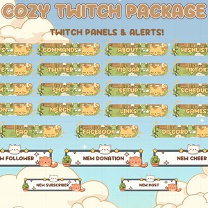 Op de afbeelding: Een digitaal kunstpakket voor Twitch-streamers, met een gezellig katthema. Het ontwerp bevat panelen en waarschuwingen met tekst zoals "Credits", "Commands" en "Nieuwe volger". Het kleurenpalet is zacht, met pastelblauw, groen en bruin.