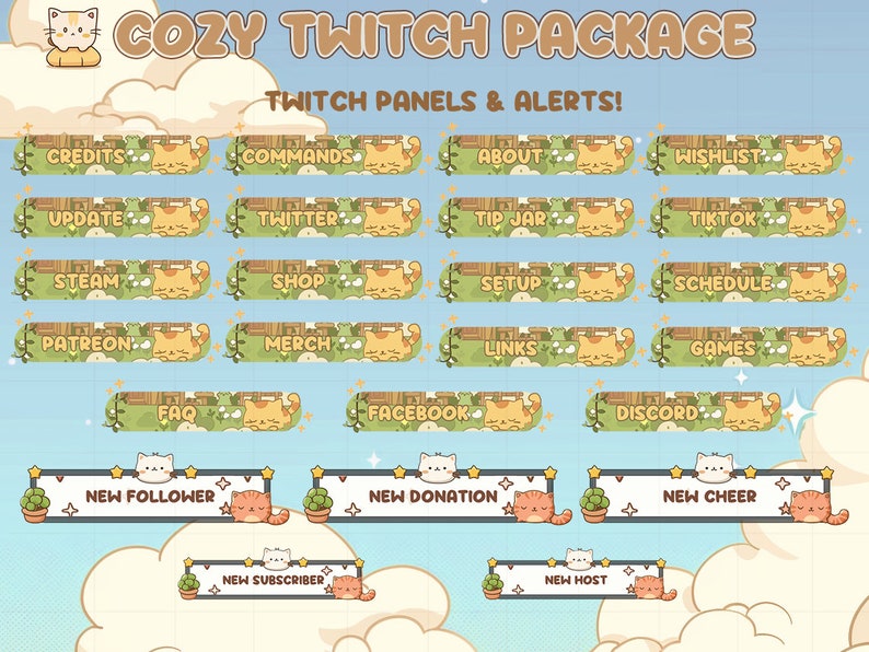 Op de afbeelding: Een digitaal kunstpakket voor Twitch-streamers, met een gezellig katthema. Het ontwerp bevat panelen en waarschuwingen met tekst zoals "Credits", "Commands" en "Nieuwe volger". Het kleurenpalet is zacht, met pastelblauw, groen en bruin.