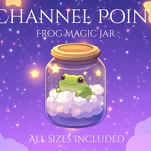 Op de afbeelding: Een groene kikker zit in een glazen pot gevuld met witte wolken en glinsterende sterren. De pot heeft een houten deksel en de tekst "CHANNEL POINT FROG MAGIC JAR" staat boven de pot. De tekst "ALL SIZES INCLUDED" staat onder de pot.