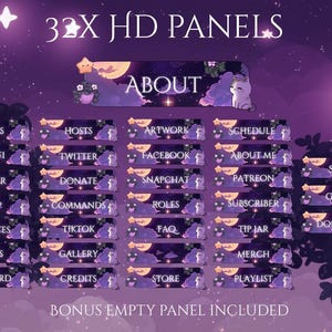 May include: A set of 32 HD panels with a celestial theme, featuring a purple and starry night sky. Each panel has a unique label, including "About," "Rules," "Twitter," and "Donate." A bonus empty panel is included.