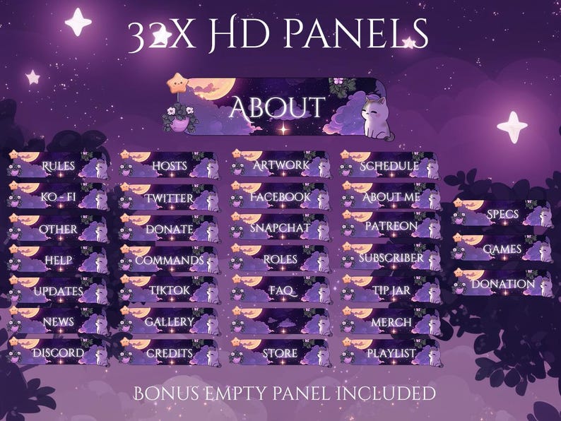 May include: A set of 32 HD panels with a celestial theme, featuring a purple and starry night sky. Each panel has a unique label, including "About," "Rules," "Twitter," and "Donate." A bonus empty panel is included.