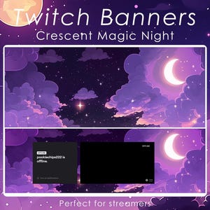 Puede incluir: Banner de Twitch morado y rosa con una luna creciente y estrellas en un cielo nocturno. El texto "Crescent Magic Night" está en la parte superior del banner. El texto "Perfecto para streamers" está en la parte inferior del banner.