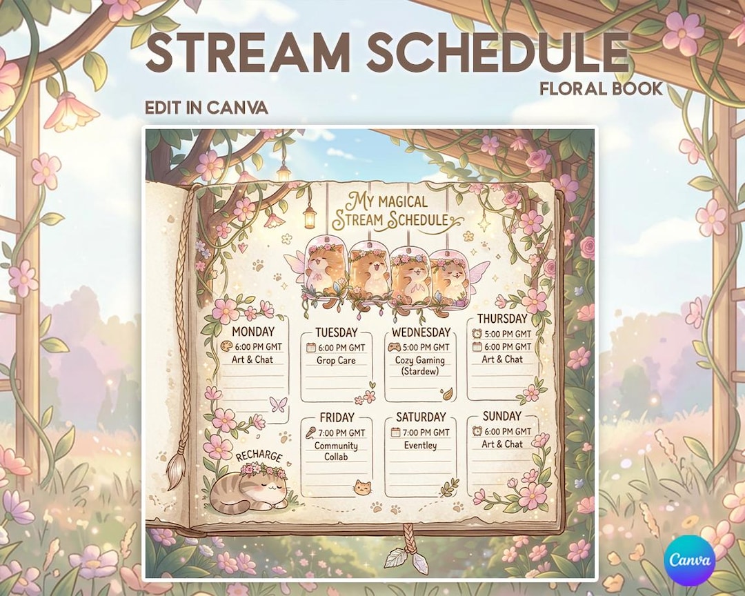 Floral Cozy Cat Books Stream Schedule Canva Template | Cozy Glow Twitch ...