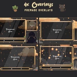 Paquete de superposiciones de marcos dorados / Paquete de transmisión nocturna mágica / Superposición celestial para Twitch / Fondos de estrellas y luna / Configuración de VTuber / Transmisión acogedora