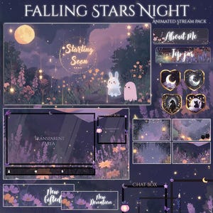 May include: Digital art stream pack with a night sky theme. The design features a full moon, stars, and a whimsical landscape with a bunny and ghost. Text includes "Falling Stars Night", "Starting Soon", "About Me", and "Tip Jar".