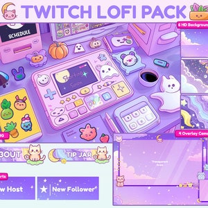 Pacchetto Twitch Lofi / Sovrapposizioni animate carine / Pixel art accogliente / Pacchetto streaming di gioco viola / Avvisi e sfondi animati Twitch