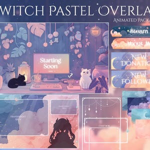 May include: A pastel-themed Twitch overlay package with animated elements. The design features a desktop setup with a monitor displaying "Starting Soon," along with decorative banners for "Steam," "About Me," "New Donation," and "New Follower."