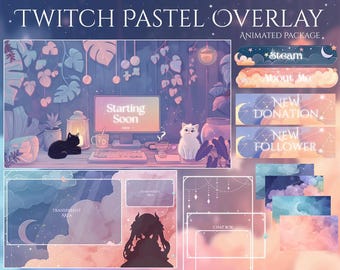Cozy Cats Twitch Pastel Clouds Stream Package / Moon / Spring / Pastel Overlay Cute / Dreamy / Twitch screen / Twitch Overlay / Celestial