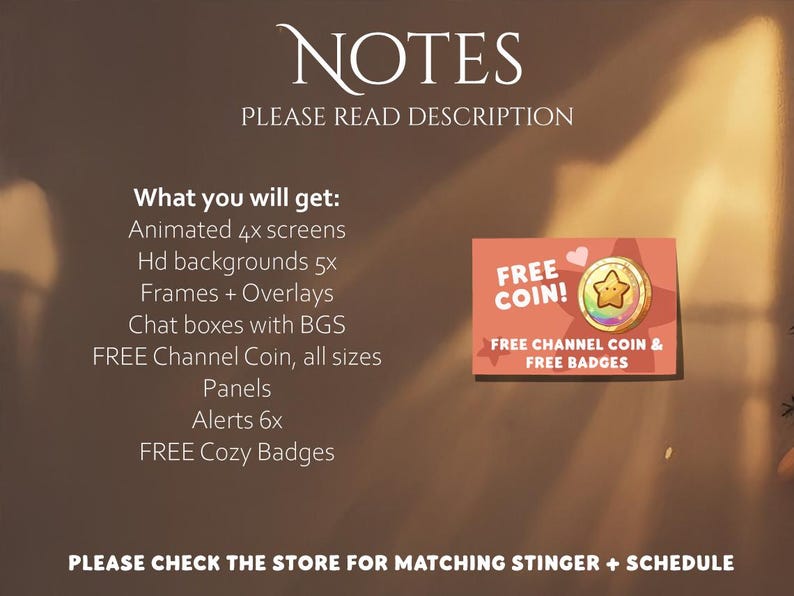 May include: A promotional image with text that reads "NOTES PLEASE READ DESCRIPTION". The image lists items such as animated screens, HD backgrounds, frames, overlays, chat boxes, free channel coin, panels, alerts, and free badges. A small graphic says "FREE COIN!"