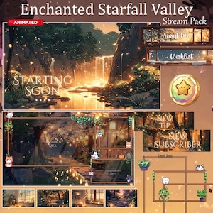 Verzaubertes Tal Twitch Overlay, Twitch-Bildschirm | Animiertes Overlay Stream Paket, Glühende Nacht | Süßes Twitch | Vtuber | Bäume