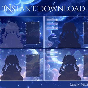May include: Digital download featuring a night sky theme with a silhouette of a character. The design includes chat boxes, user profile icons, and the text "INSTANT DOWNLOAD" and "MAGIC NIGHT PACK" in white.