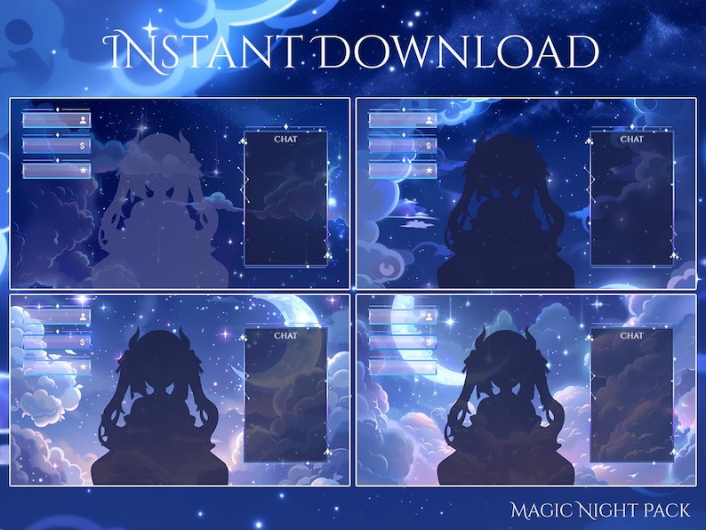 May include: Digital download featuring a night sky theme with a silhouette of a character. The design includes chat boxes, user profile icons, and the text "INSTANT DOWNLOAD" and "MAGIC NIGHT PACK" in white.