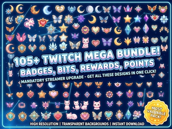 105x Twitch Badges | Sub Badges | Channel Points | Celestial Stars, Moons, Butterflies | Fantasy Aesthetic HD | Discord Icons | Twitch Icons