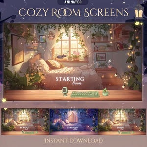 Puede incluir: Arte digital animado "Cozy Room Screens". La imagen muestra una escena de dormitorio con una cama, ventana y plantas. El texto incluye "Starting Soon" e "Instant Download". Escenas adicionales muestran "Be Right Back", "Currently Offline" y "Ending Soon".