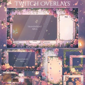 May include: A collection of Twitch overlays with a floral and pastel theme. The designs feature frames with pink flowers, vines, and butterflies. Text includes "TWITCH OVERLAYS", "TRANSPARENT AREA", "NOW PLAYING", "STREAMER", "NEW FOLLOWER", and "Chat".
