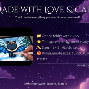 May include: Digital art advertisement with a dark blue background and white stars. The text "MADE WITH LOVE & CARE" is at the top. A tablet displays a cartoon bat with blue wings. Text details include PNGs, transparent backgrounds, and size options.