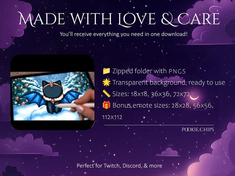 May include: Digital art advertisement with a dark blue background and white stars. The text "MADE WITH LOVE & CARE" is at the top. A tablet displays a cartoon bat with blue wings. Text details include PNGs, transparent backgrounds, and size options.