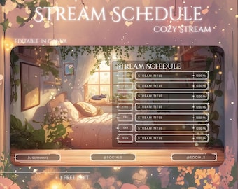 Plantilla de programación de streaming para una habitación acogedora / Programación de Twitch editable en Canva / Planificador de streaming en tonos pastel / Diseño de panel superpuesto para streaming