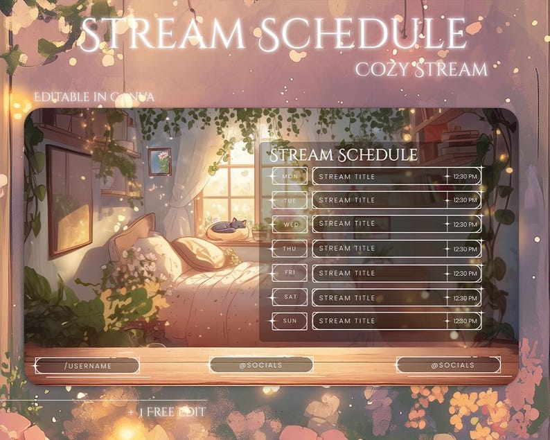 Cozy Room Stream Schedule Template | Editable Canva Twitch Schedule ...