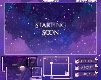 Twitch Overlay Magical Cosmic Night , Twitch-Bildschirm | Animiertes Overlay Stream Paket, Katzen Twitch | Niedliches Twitch Overlay | Sternauflagen