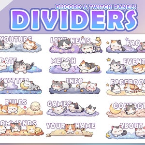 Könnte beinhalten: Ein Satz von 16 digitalen Illustrationen mit niedlichen Cartoon-Katzen, die auf Wolken schlafen, mit Textüberlagerungen. Der Text enthält Wörter wie "YouTube", "Update", "Link News", "Twitch", "Rules", "Games", "Commands", "Your Name" und "About".