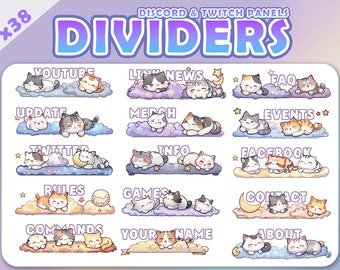 May include: A set of 16 digital illustrations featuring cute cartoon cats sleeping on clouds with text overlays. The text includes words like "YouTube", "Update", "Link News", "Twitch", "Rules", "Games", "Commands", "Your Name", and "About".