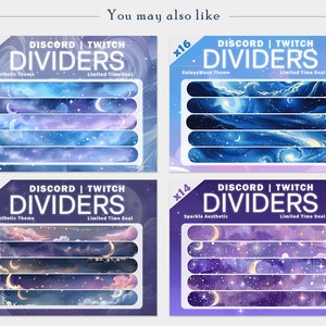 May include: Four digital divider sets for Discord or Twitch featuring a galaxy theme with stars, moons, and clouds in shades of blue, purple, and pink. The sets are labeled with the number of dividers included, the theme, and "Limited Time Deal".