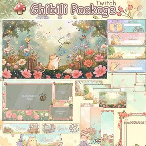 May include: A digital Twitch package featuring a Ghibli-inspired theme with a cat, flowers, and butterflies. Includes a Starting Soon screen, overlay frames with transparent areas, chat boxes, and notification banners with soft pastel colours.
