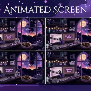 May include: Animated screen design with a cozy night scene. The image features a computer setup with a microphone, keyboard, and monitor displaying "Starting Soon", "Be right back", "Currently Offline", and "Ending Soon". The background shows a moonlit window.