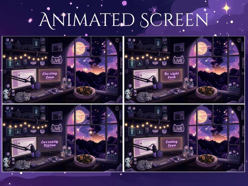 May include: Animated screen design with a cozy night scene. The image features a computer setup with a microphone, keyboard, and monitor displaying "Starting Soon", "Be right back", "Currently Offline", and "Ending Soon". The background shows a moonlit window.