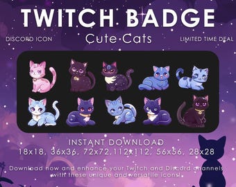 May include: A set of eight digital badges featuring cute cartoon cats in various poses. The badges are designed for Twitch and Discord and come in different sizes: 18x18, 36x36, 72x72, 112x112, 56x56, and 28x28 pixels.