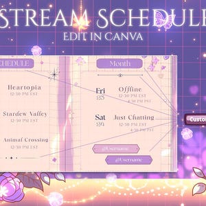 Puede incluir: Una plantilla digital de programaci&oacute;n de stream en tonos morados, con el texto "STREAM SCHEDULE" y "EDIT IN CANVA". La programaci&oacute;n muestra los d&iacute;as, t&iacute;tulos de juegos y horarios. El dise&ntilde;o incorpora elementos florales y mariposas.