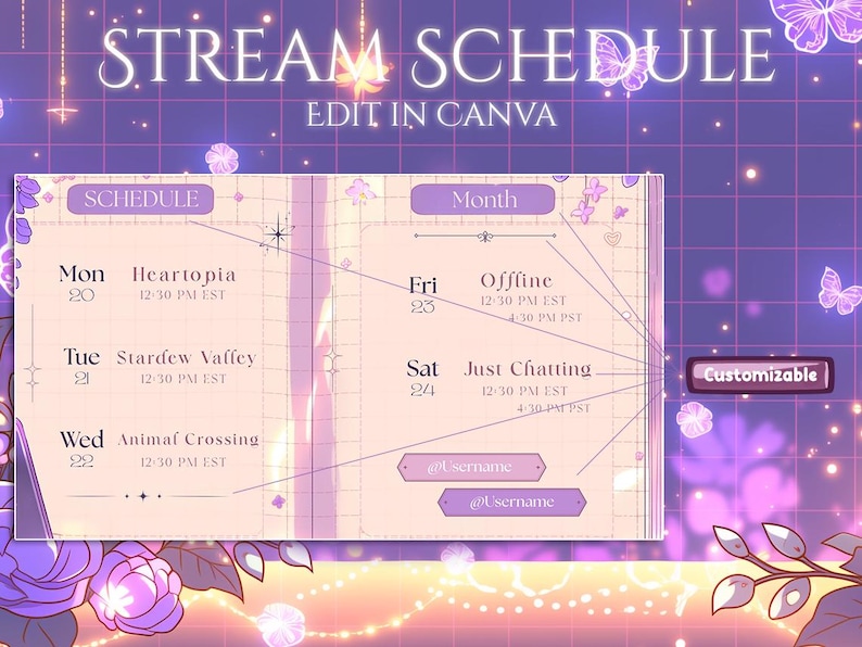 Puede incluir: Una plantilla digital de programaci&oacute;n de stream en tonos morados, con el texto "STREAM SCHEDULE" y "EDIT IN CANVA". La programaci&oacute;n muestra los d&iacute;as, t&iacute;tulos de juegos y horarios. El dise&ntilde;o incorpora elementos florales y mariposas.