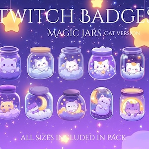 May include: Set of nine Twitch chat badges featuring cute cats in jars with stars and moons. The text "MAGIC JARS CAT VERSION" is at the top of the image. The text "ALL SIZES INCLUDED IN PACK" is at the bottom of the image.