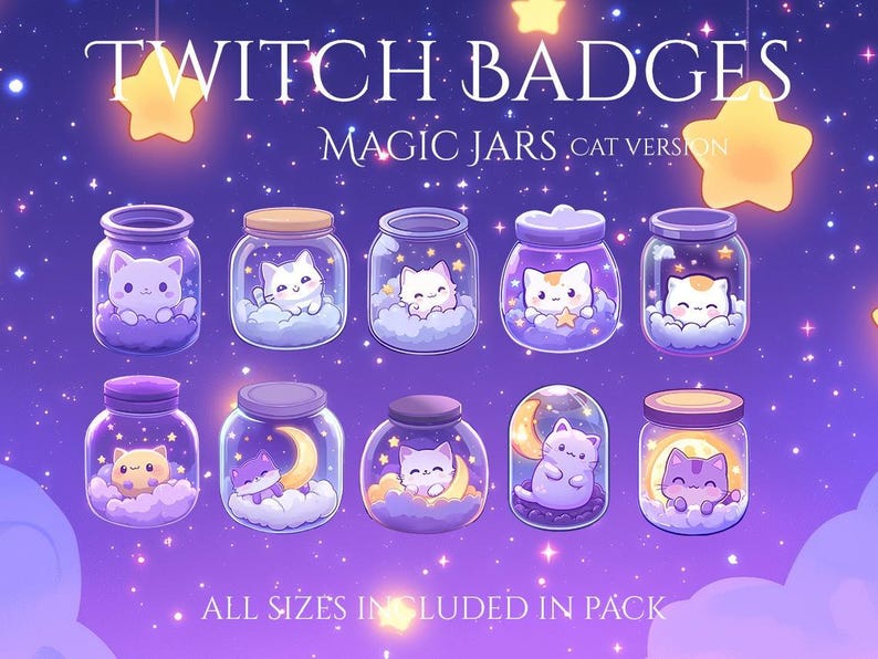 May include: Set of nine Twitch chat badges featuring cute cats in jars with stars and moons. The text "MAGIC JARS CAT VERSION" is at the top of the image. The text "ALL SIZES INCLUDED IN PACK" is at the bottom of the image.