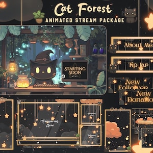 Waldkatze Twitch Pack | Mond Magie Zauberer Overlay Niedliche Witchy Pflanzen Animierte Twitch Bildschirme Gemütliche Vtuber Overlays, Schwarzes Paket