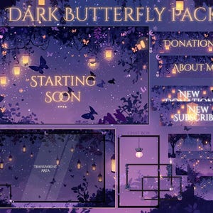 Könnte beinhalten: Digitales Kunstpaket mit einem dunkelvioletten und blauen Thema, das Schmetterlinge, Laternen und Blätter zeigt. Der Text "DARK BUTTERFLY PACK" und "STARTING SOON" ist sichtbar. Enthält Overlay-Elemente für Streaming.