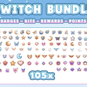 May include: A digital collection of 105 Twitch bundle icons featuring badges, bits, rewards, and points. The set includes various small, colorful illustrations of stars, moons, hearts, butterflies, wings, and flowers in pastel and gold tones.