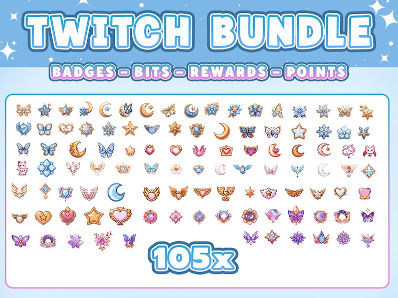 May include: A digital collection of 105 Twitch bundle icons featuring badges, bits, rewards, and points. The set includes various small, colorful illustrations of stars, moons, hearts, butterflies, wings, and flowers in pastel and gold tones.