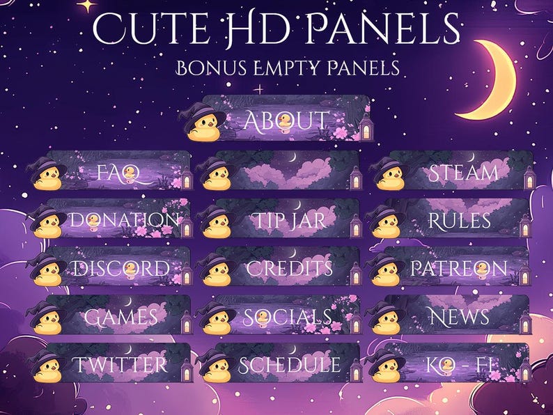 K&ouml;nnte beinhalten: Lila und rosa Twitch-Panels mit einem niedlichen Cartoon-K&uuml;ken, das einen Hexenhut tr&auml;gt. Die Panels enthalten Text wie "&Uuml;ber", "FAQ", "Spende", "Discord", "Spiele", "Twitter", "Steam", "Tipp-Dose", "Regeln", "Credits", "Patreon", "Social Media", "News", "Zeitplan" und "KO-FI".