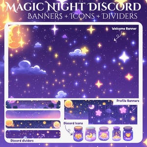 Puede incluir: Ilustración digital con un tema de noche estrellada con el texto "MAGIC NIGHT DISCORD BANNERS + ICONS + DIVIDERS." Incluye banners de bienvenida y de perfil, divisores e iconos de Discord. La paleta de colores es morado, amarillo y blanco.