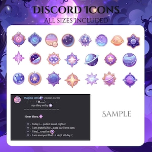 May include: A collection of Discord icons in various shapes and colors, including stars, planets, and celestial designs. The text "DISCORD ICONS" and "ALL SIZES INCLUDED" are displayed at the top. A sample diary entry is shown at the bottom.