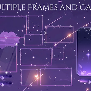 Könnte beinhalten: Eine digitale Grafik mit dem Text "MULTIPLE FRAMES AND CAMS" oben. Das Bild zeigt verschiedene rechteckige und quadratische Rahmen, die in leuchtendem Lila umrandet sind, vor einem dunkelvioletten Sternenhimmel. Eine Chat-Box befindet sich auf der rechten Seite.