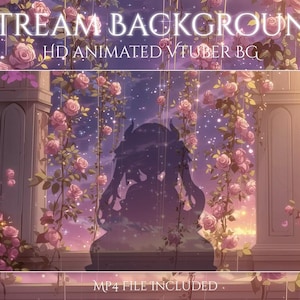 Puede incluir: Fondo de transmisión animado con la silueta de un personaje en un jardín. El fondo está lleno de rosas rosas, columnas y un cielo estrellado. El texto en la parte superior dice "STREAM BACKGROUND HD ANIMATED VTUBER BG". El texto inferior dice "MP4 FILE INCLUDED".