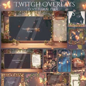 May include: A digital art graphic featuring Twitch overlays with a cozy floral theme. The design includes transparent areas for streaming, chat boxes, and decorative elements like flowers, books, and fairy lights. Text includes "TWITCH OVERLAYS" and "COZY FLORAL PACK".