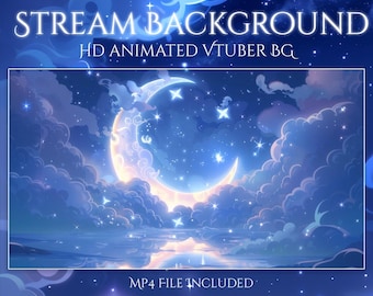 Blue Crescent Night Animated Screen | Magical Starry Night Twitch Overlay | Cozy VTuber Stream BG | MP4 Loop | OBS | Clouds & Water