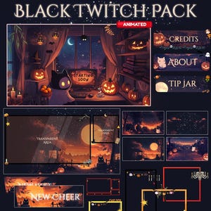 May include: A digital art pack with a Halloween theme. The pack includes animated overlays, panels, and screens for Twitch streamers. The main image features a cozy room with jack-o'-lanterns, a cat character, and the text "STARTING SOON".
